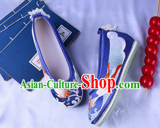 China Classical Dance Shoes National Embroidery Goldfish Shoes Traditional Handmade Blue Cloth Shoes