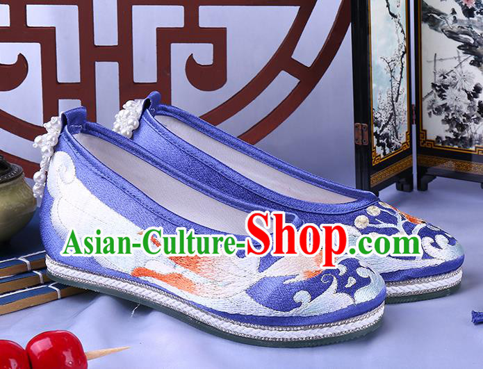 China Classical Dance Shoes National Embroidery Goldfish Shoes Traditional Handmade Blue Cloth Shoes