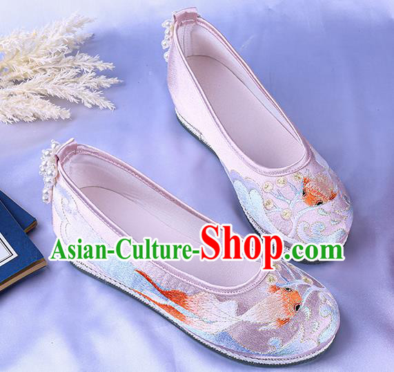 China National Embroidery Goldfish Shoes Traditional Dance Pink Cloth Shoes Classical Bride Shoes