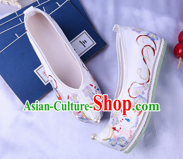 Chinese Traditional Hanfu Shoes Ming Dynasty Embroidered Bow Shoes Ancient Princess White Cloth Shoes