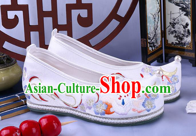 Chinese Traditional Hanfu Shoes Ming Dynasty Embroidered Bow Shoes Ancient Princess White Cloth Shoes