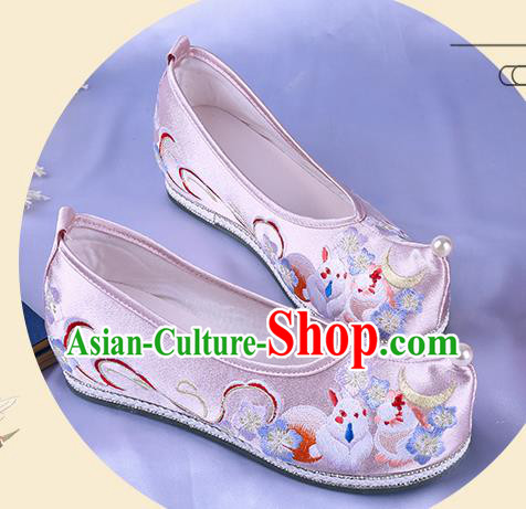 Chinese Ming Dynasty Embroidered Bow Shoes Ancient Princess Pink Satin Shoes Traditional Hanfu Shoes