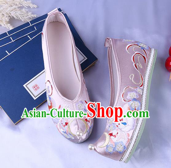 Chinese Ming Dynasty Embroidered Bow Shoes Ancient Princess Pink Satin Shoes Traditional Hanfu Shoes