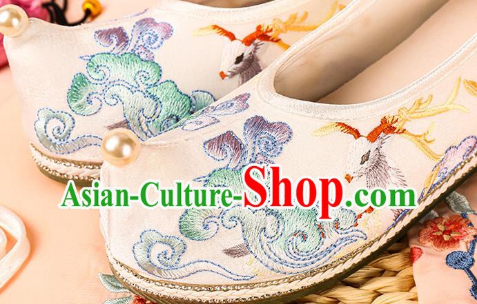 Chinese Traditional Hanfu Footwear Ancient Ming Dynasty Princess Shoes Embroidered Deer White Satin Shoes