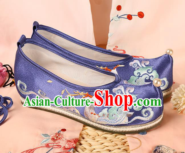 Chinese Ancient Ming Dynasty Princess Shoes Embroidered Deer Blue Satin Shoes Traditional Footwear Hanfu Shoes