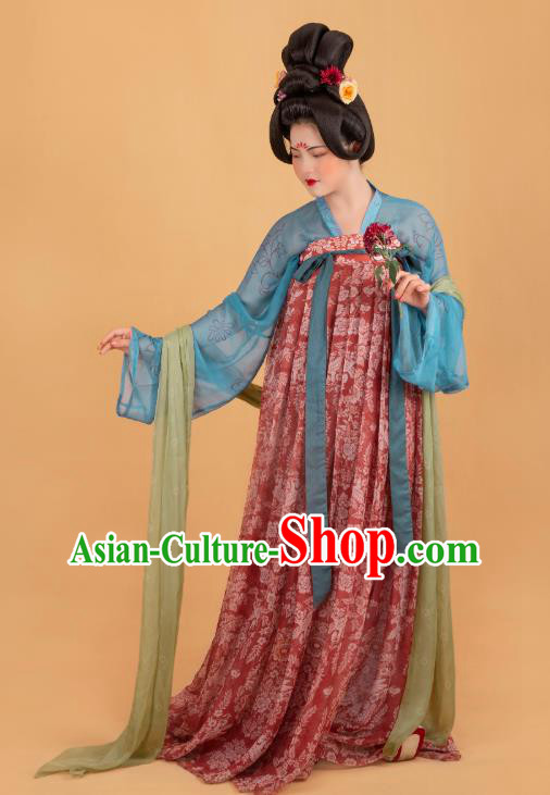 China Tang Dynasty Court Lady Historical Costumes Traditional Ancient Royal Rani Red Hanfu Dress Clothing