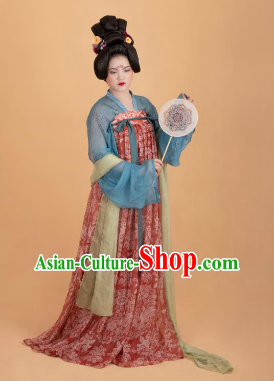 China Tang Dynasty Court Lady Historical Costumes Traditional Ancient Royal Rani Red Hanfu Dress Clothing