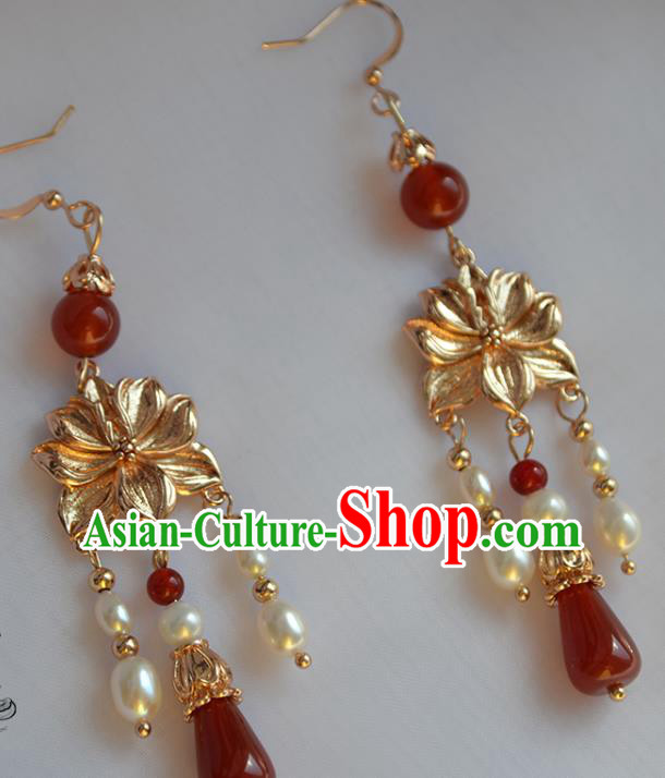 China Classical Pearls Tassel Ear Accessories Traditional Ming Dynasty Hanfu Golden Lotus Earrings