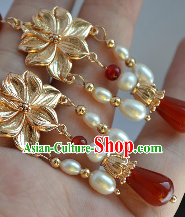 China Classical Pearls Tassel Ear Accessories Traditional Ming Dynasty Hanfu Golden Lotus Earrings