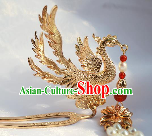 Chinese Traditional Ming Dynasty Court Hair Stick Ancient Empress Pearls Tassel Phoenix Hairpin