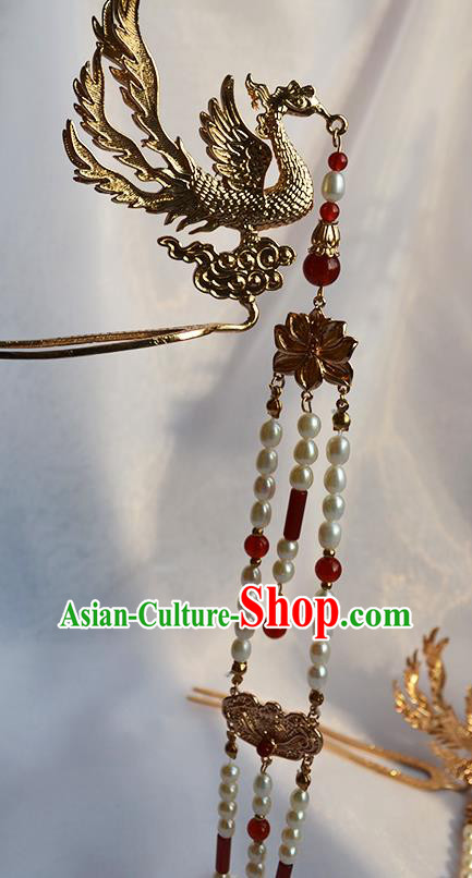 Chinese Traditional Ming Dynasty Court Hair Stick Ancient Empress Pearls Tassel Phoenix Hairpin