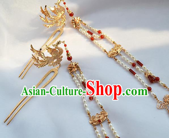 Chinese Traditional Ming Dynasty Court Hair Stick Ancient Empress Pearls Tassel Phoenix Hairpin