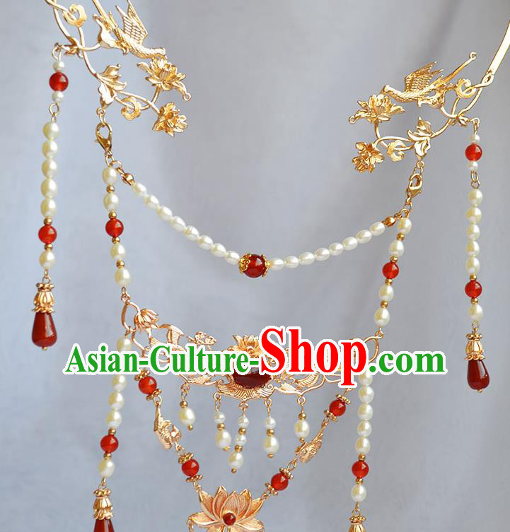 Chinese Ancient Princess Agate Tassel Necklace Handmade Traditional Ming Dynasty Pearls Lotus Necklet Jewelry