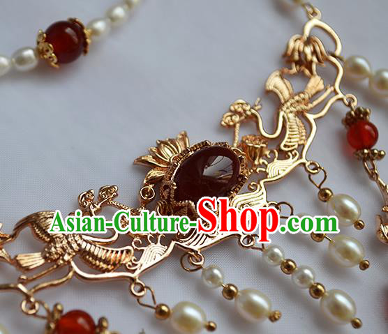 Chinese Ancient Princess Agate Tassel Necklace Handmade Traditional Ming Dynasty Pearls Lotus Necklet Jewelry
