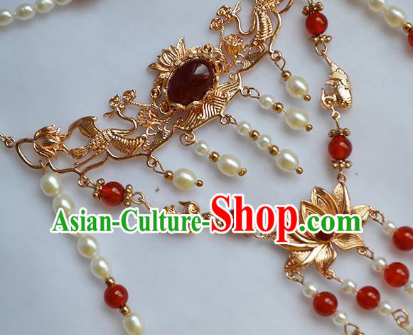 Chinese Ancient Princess Agate Tassel Necklace Handmade Traditional Ming Dynasty Pearls Lotus Necklet Jewelry