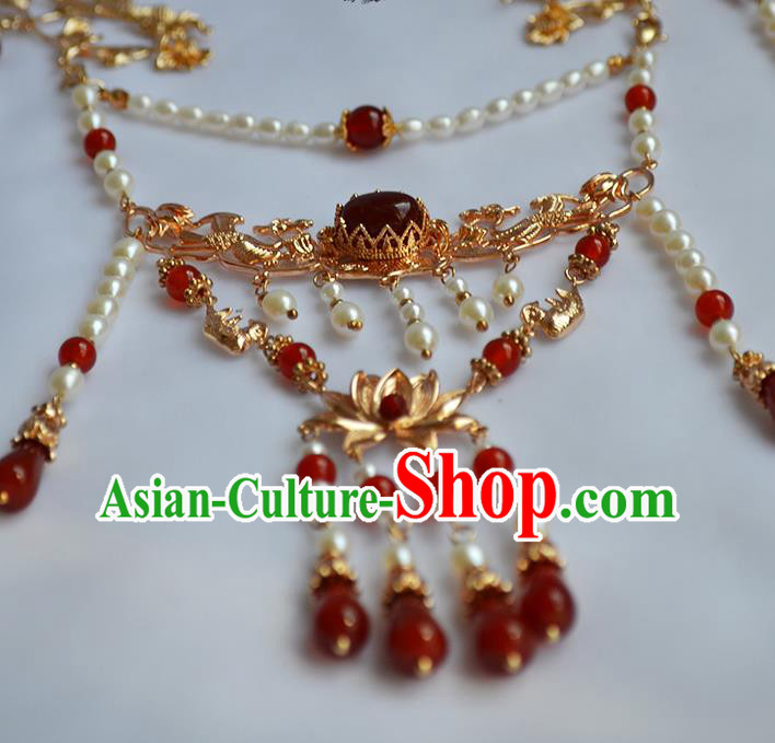 Chinese Ancient Princess Agate Tassel Necklace Handmade Traditional Ming Dynasty Pearls Lotus Necklet Jewelry