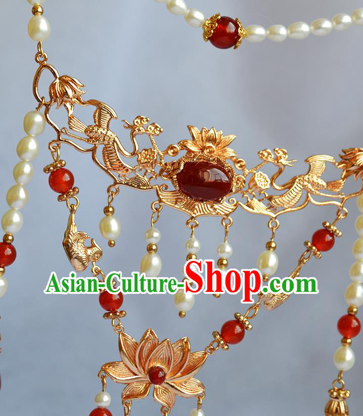 Chinese Ancient Princess Agate Tassel Necklace Handmade Traditional Ming Dynasty Pearls Lotus Necklet Jewelry