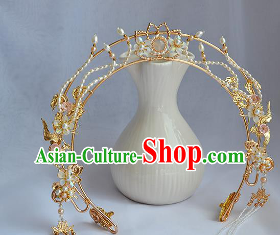 Chinese Traditional Hanfu Beads Tassel Hair Clasp Ancient Goddess Golden Lotus Hair Crown
