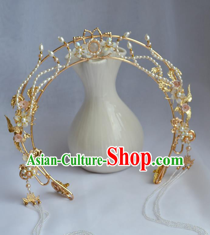 Chinese Traditional Hanfu Beads Tassel Hair Clasp Ancient Goddess Golden Lotus Hair Crown
