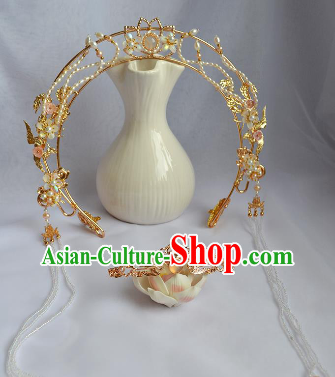 Chinese Traditional Hanfu Beads Tassel Hair Clasp Ancient Goddess Golden Lotus Hair Crown