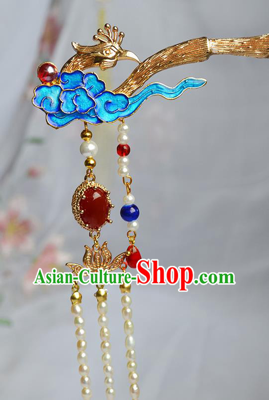 Chinese Traditional Hanfu Cloisonne Cloud Hair Stick Ancient Empress Pearls Tassel Hairpin