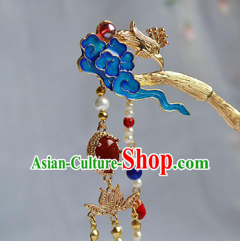 Chinese Traditional Hanfu Cloisonne Cloud Hair Stick Ancient Empress Pearls Tassel Hairpin