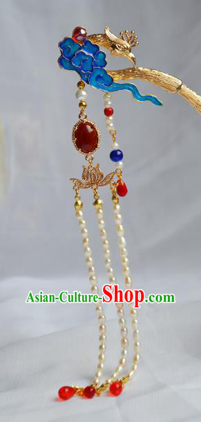 Chinese Traditional Hanfu Cloisonne Cloud Hair Stick Ancient Empress Pearls Tassel Hairpin