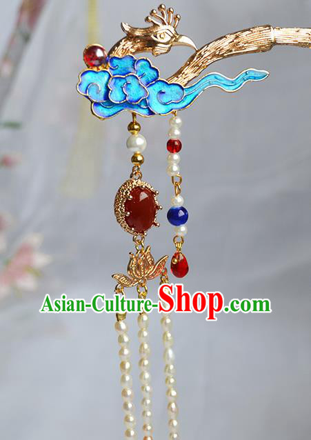 Chinese Traditional Hanfu Cloisonne Cloud Hair Stick Ancient Empress Pearls Tassel Hairpin