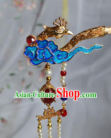 Chinese Traditional Hanfu Cloisonne Cloud Hair Stick Ancient Empress Pearls Tassel Hairpin