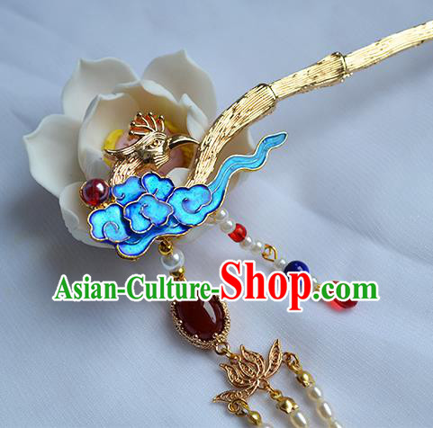 Chinese Traditional Hanfu Cloisonne Cloud Hair Stick Ancient Empress Pearls Tassel Hairpin
