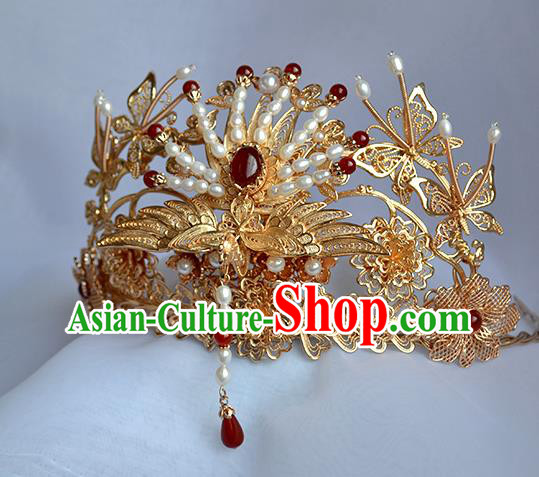 Chinese Traditional Wedding Hair Accessories Ancient Ming Dynasty Bride Golden Phoenix Hair Crown