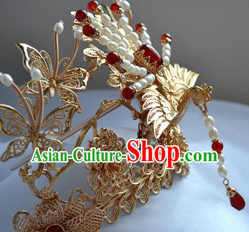 Chinese Traditional Wedding Hair Accessories Ancient Ming Dynasty Bride Golden Phoenix Hair Crown