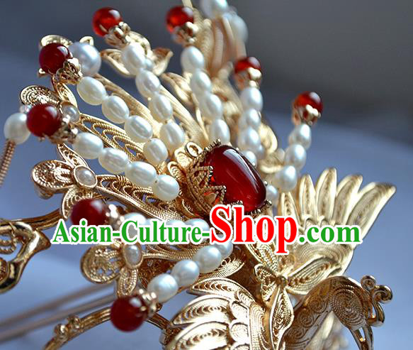 Chinese Traditional Wedding Hair Accessories Ancient Ming Dynasty Bride Golden Phoenix Hair Crown
