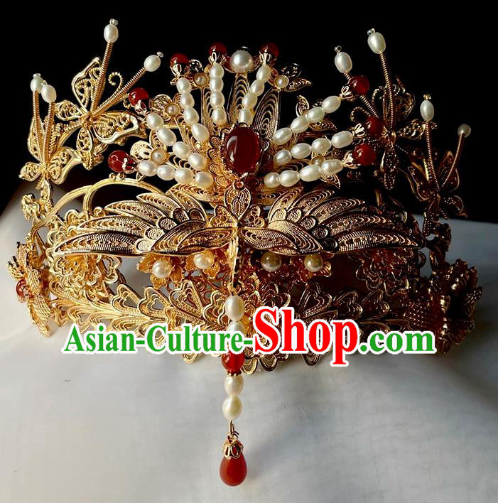 Chinese Traditional Wedding Hair Accessories Ancient Ming Dynasty Bride Golden Phoenix Hair Crown