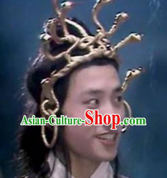 Chinese Ancient Drama Nine Heads Snake Monster Hair Clasp Handmade Golden Hair Crown