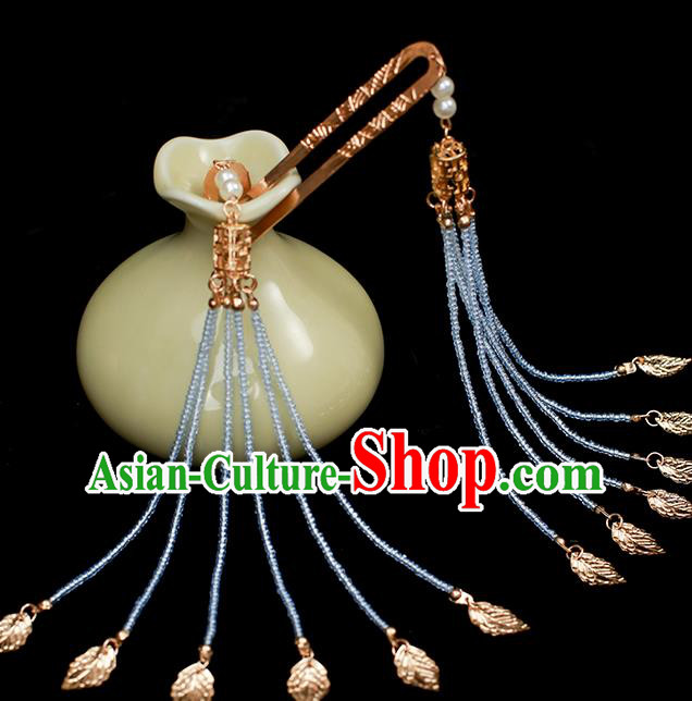 Chinese Traditional Tang Dynasty Palace Lady Hair Stick Ancient Princess Golden Leaf Tassel Hairpin