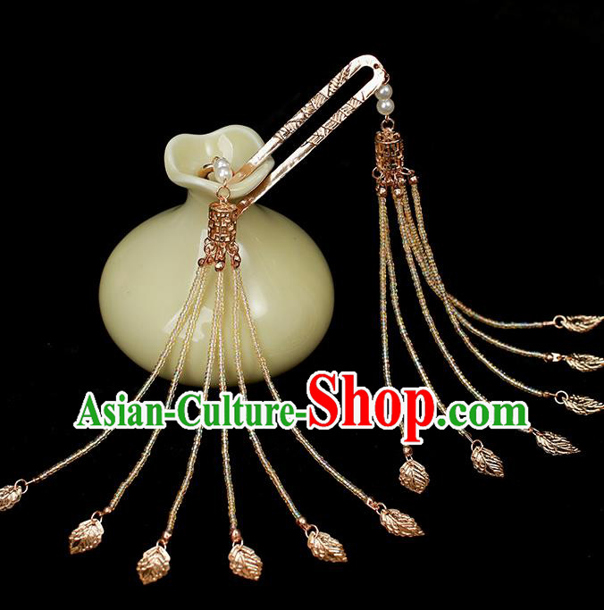 Chinese Traditional Tang Dynasty Palace Lady Hair Stick Ancient Princess Golden Leaf Tassel Hairpin
