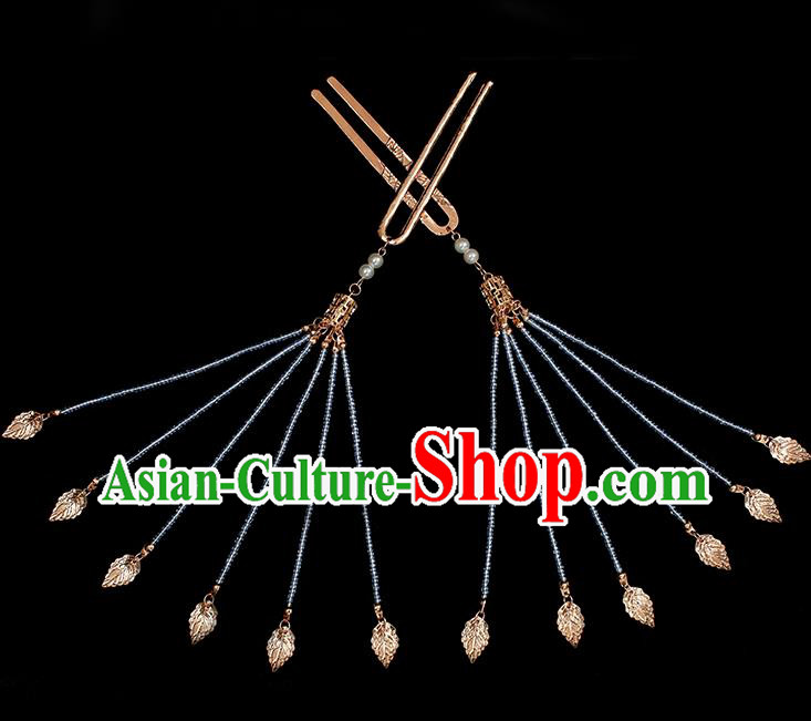 Chinese Traditional Tang Dynasty Palace Lady Hair Stick Ancient Princess Golden Leaf Tassel Hairpin