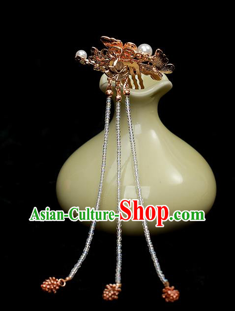 Chinese Traditional Golden Butterfly Hair Comb Ancient Princess Beads Tassel Hairpin