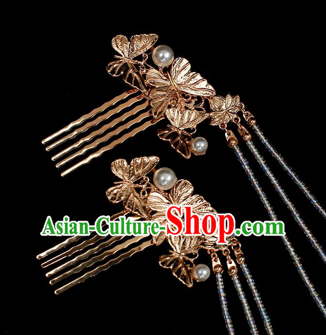 Chinese Traditional Golden Butterfly Hair Comb Ancient Princess Beads Tassel Hairpin