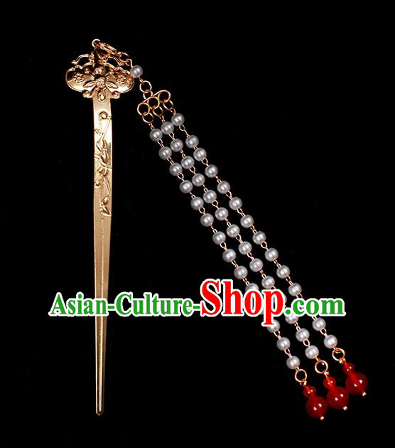 Chinese Traditional Ming Dynasty Court Lady Tassel Hair Stick Ancient Empress Golden Hairpin