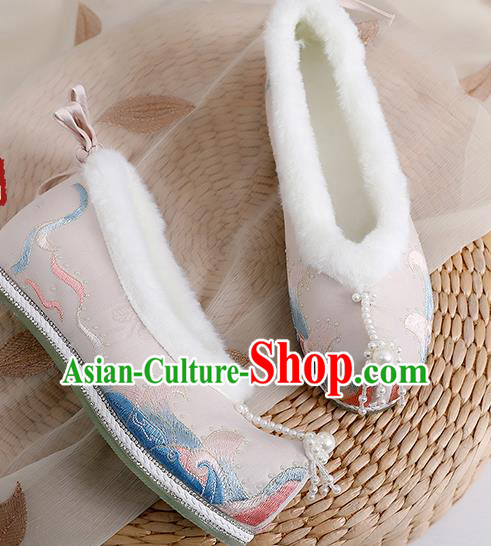 China Ancient Shoes Traditional Hanfu Winter Shoes Ming Dynasty Pearls Tassel Shoes Embroidered Pink Cloth Shoes