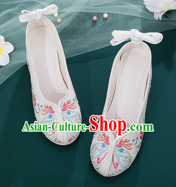 Chinese Traditional Ming Dynasty Young Lady Shoes White Cloth Embroidered Shoes Hanfu Shoes