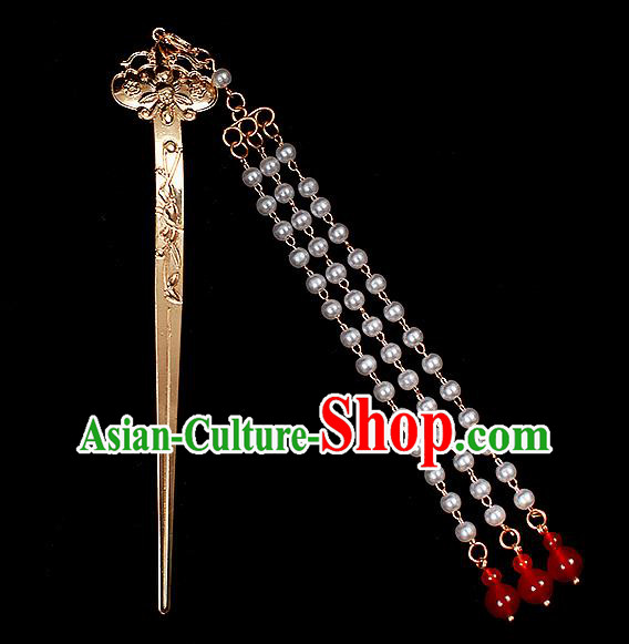 Chinese Traditional Ming Dynasty Court Lady Tassel Hair Stick Ancient Empress Golden Hairpin