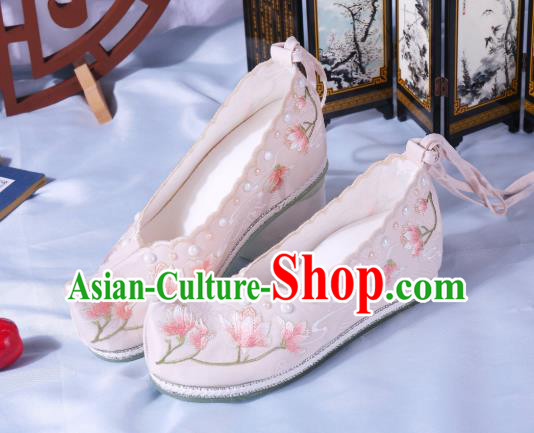 China Ancient Beige Cloth Shoes Traditional Hanfu Pearls Shoes Ming Dynasty Princess Bow Shoes Embroidered Mangnolia Shoes