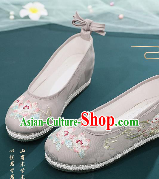 Chinese National Woman Grey Cloth Shoes Embroidery Flowers Shoes Traditional Hanfu Shoes