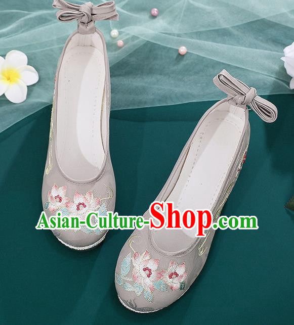 Chinese National Woman Grey Cloth Shoes Embroidery Flowers Shoes Traditional Hanfu Shoes