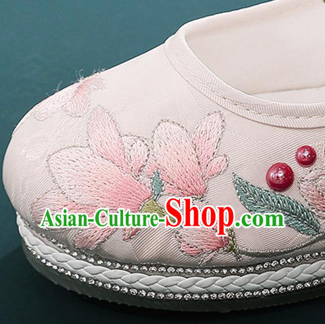 Chinese Classical Dance Shoes Embroidery Mangnolia Shoes Traditional Hanfu Beige Cloth Shoes