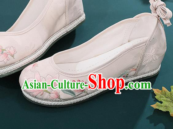 Chinese Classical Dance Shoes Embroidery Mangnolia Shoes Traditional Hanfu Beige Cloth Shoes