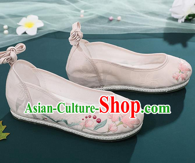 Chinese Classical Dance Shoes Embroidery Mangnolia Shoes Traditional Hanfu Beige Cloth Shoes
